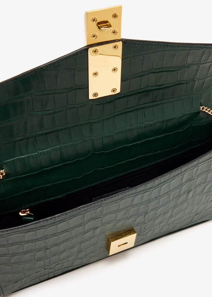 Formstabile Ketten‑Umhängetasche / Clutch aus geprägtem Leder mit Doppelbügel‑Verschluss