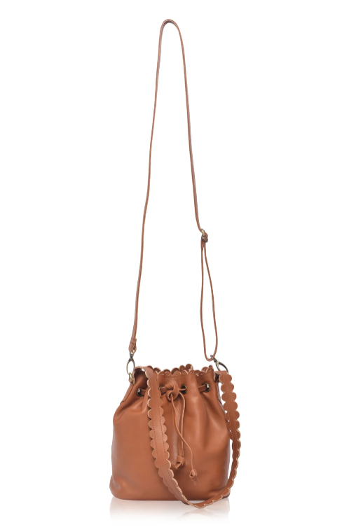 Mini‑Eimertasche aus Leder mit Rand‑Schnürzug und zwei verstellbaren Gurten
